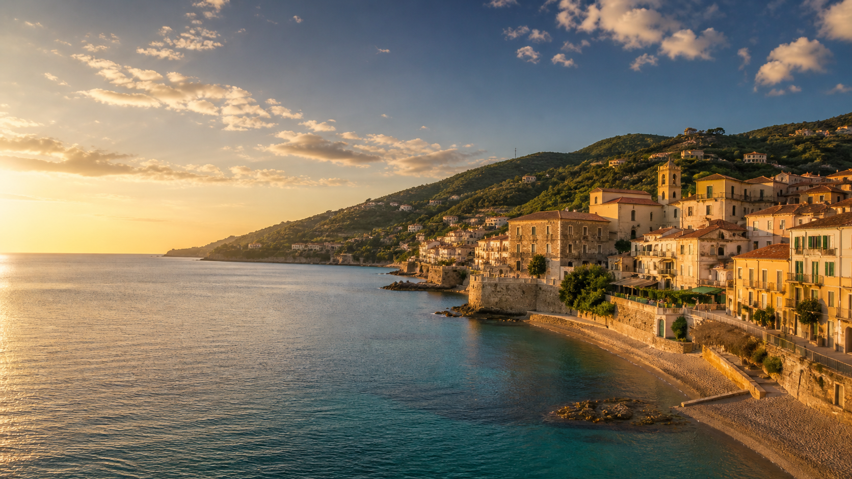 Vista panoramica di Santa Maria di Castellabate al tramonto lungo la costa del Cilento